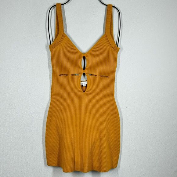 For Love and Lemons Maggie Mini Dress Ribbed Knit Cutaway V-Neck Gold Yellow XS - Picture 1 of 7